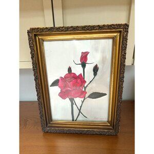 Antique Wood Gesso Carved Framed Oil Pastel Red Rose Signed RV Graham 1800's